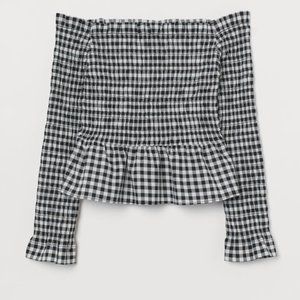 Black and White Smocked Peplum Blouse